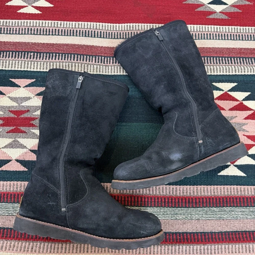 UGG Etta Tall Boots Sz‎ 10 Black Suede Leather Sheepskin Warm Waterproof Gothic